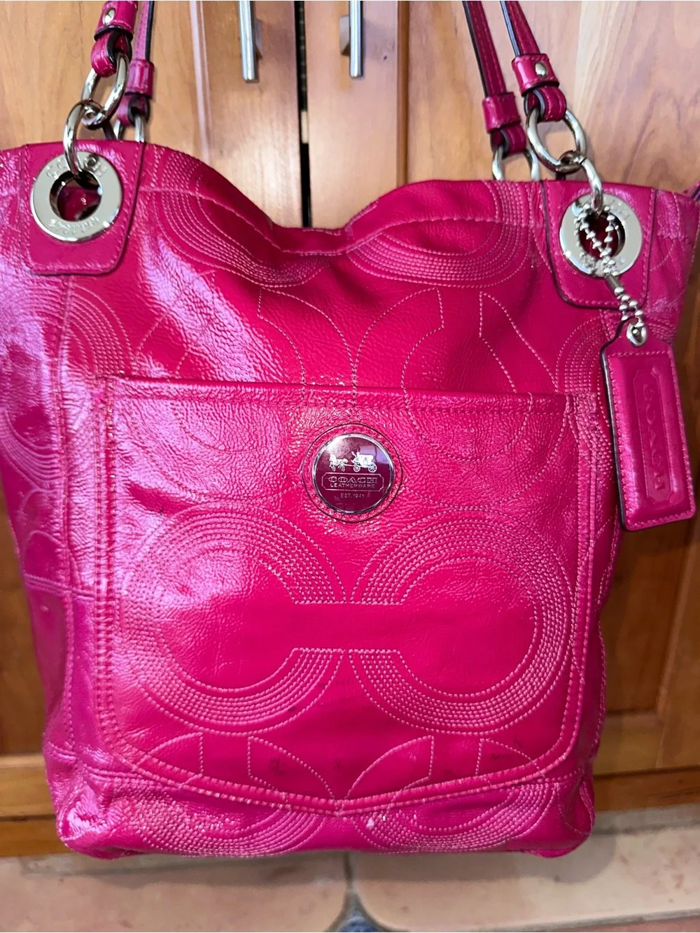 Coach Alex Fuchsia Pink Signature C Patent Leather Tote Shoulder Bag Y2K